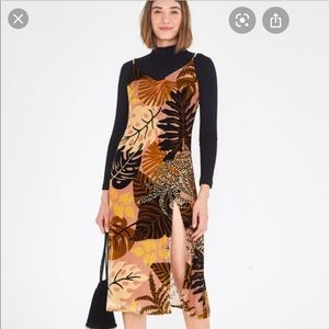 Farm Rio Golden Leaves Velvet Dress in brown